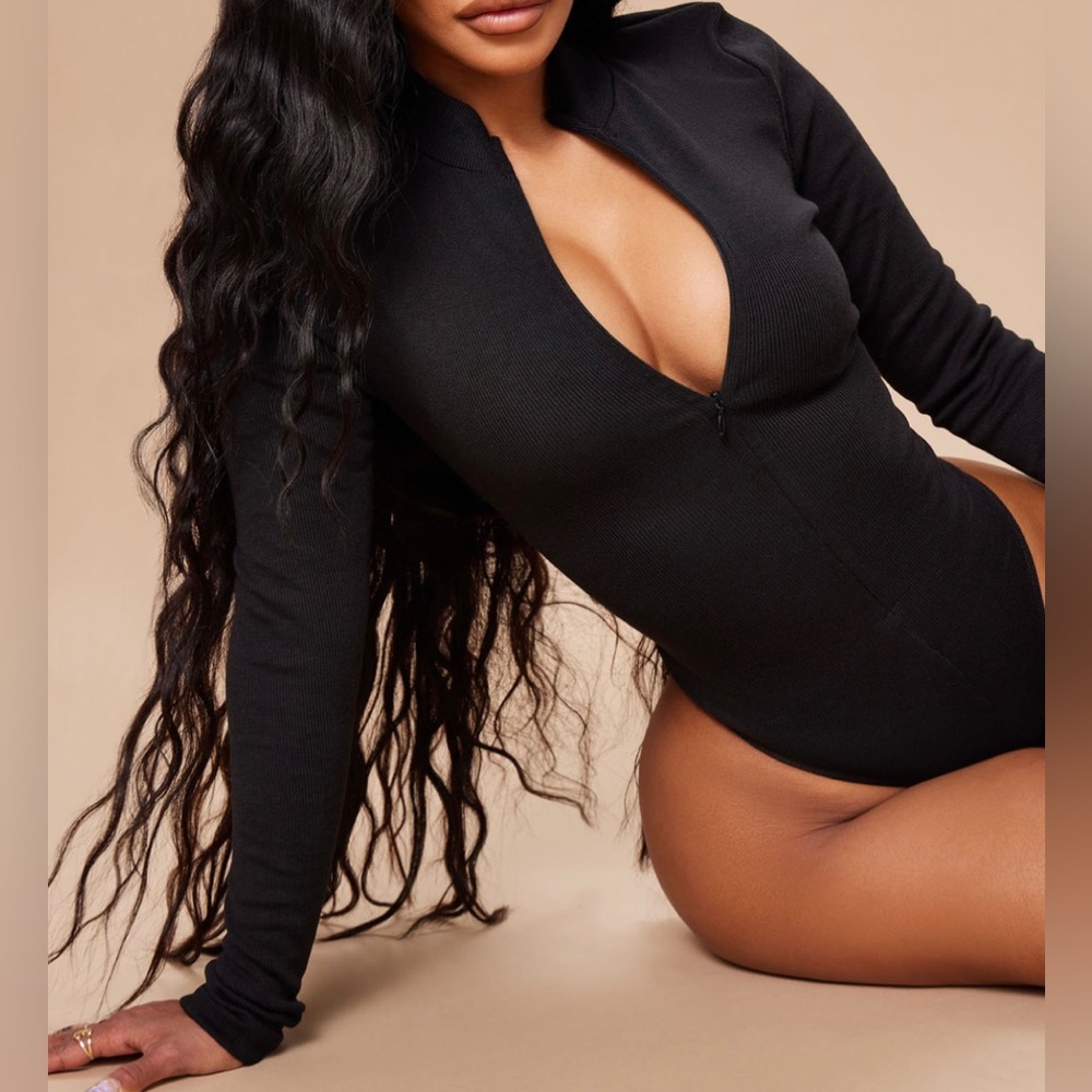 Zip up long sleeve thong bodysuit